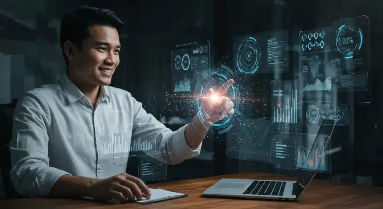 Futuristic digital workspace with seamless workflow automation