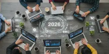 Futuristic remote workers using AI productivity tools efficiently