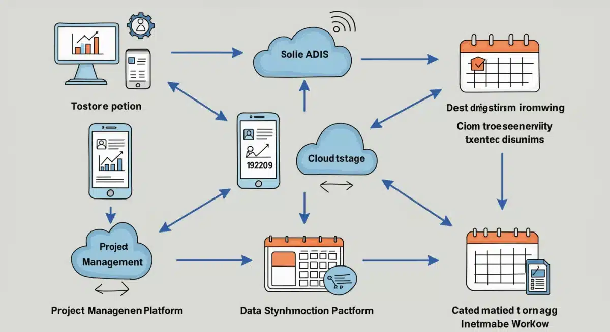 Diagram showing seamless data flow between integrated productivity tools for remote work