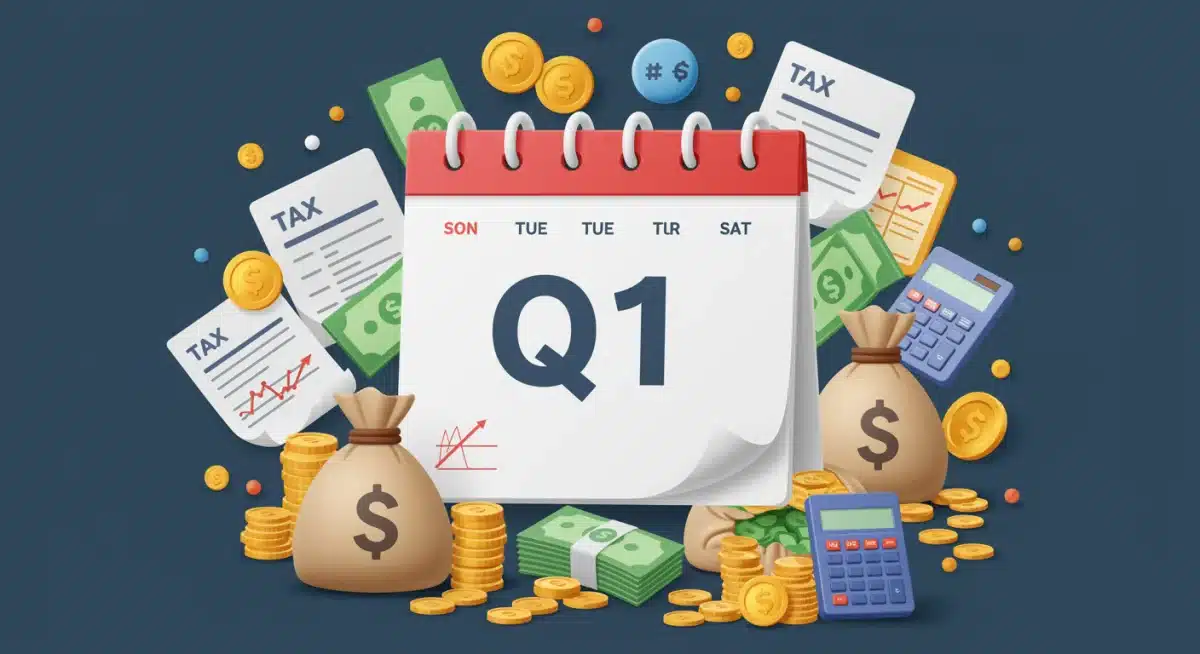 Q1 2025 tax calendar with financial icons for freelance tax planning.