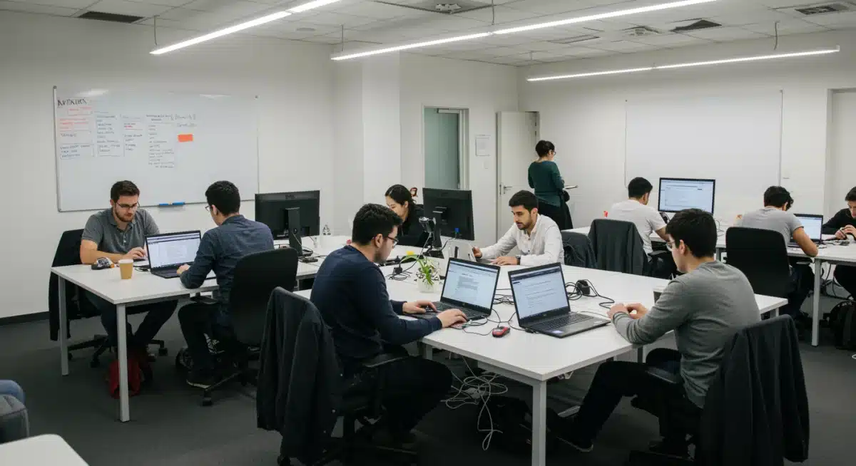 Diverse digital nomads collaborating in a modern co-working space with fast internet.