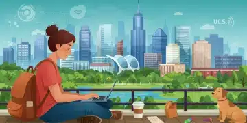 Digital nomad working remotely in a modern, green U.S. city with excellent connectivity.