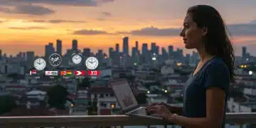 Digital nomad managing multiple time zones on laptop in a foreign city