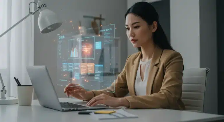 Woman using Eisenhower Matrix on holographic display for productivity in 2026