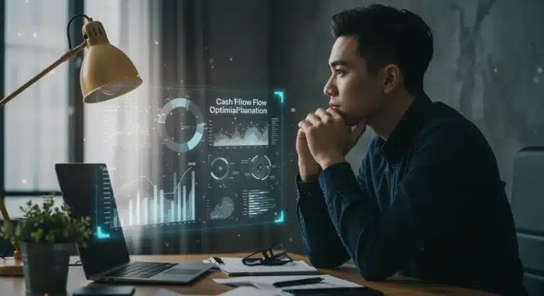 Freelancer analyzing cash flow data on a holographic dashboard for 2026