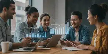 Diverse freelancers reviewing health insurance options on digital devices in a modern co-working space, symbolizing financial planning for independent professionals.