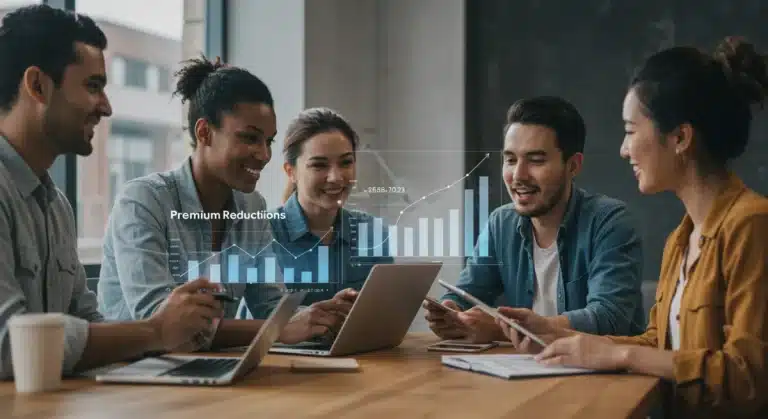 Diverse freelancers reviewing health insurance options on digital devices in a modern co-working space, symbolizing financial planning for independent professionals.