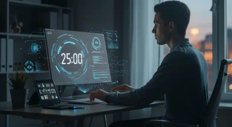 Futuristic remote worker applying Pomodoro technique in 2026