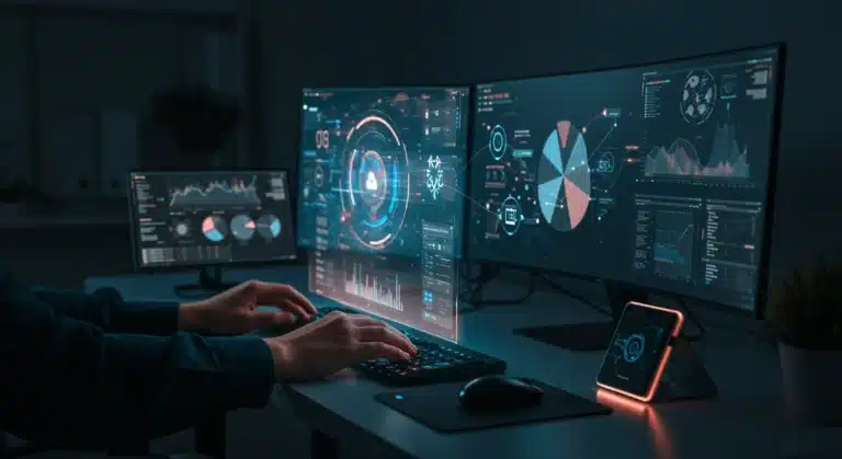 Futuristic desk with integrated productivity tools for seamless workflow in 2026