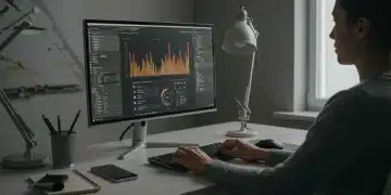 Futuristic remote office setup with productivity dashboards and focused worker