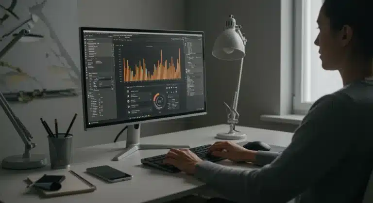 Futuristic remote office setup with productivity dashboards and focused worker
