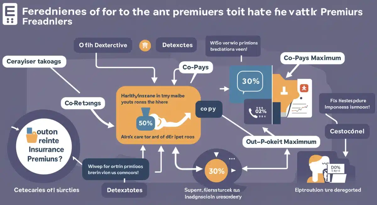 Infographic showing health insurance premium components for freelancers with potential savings strategies, explaining deductibles and co-pays.
