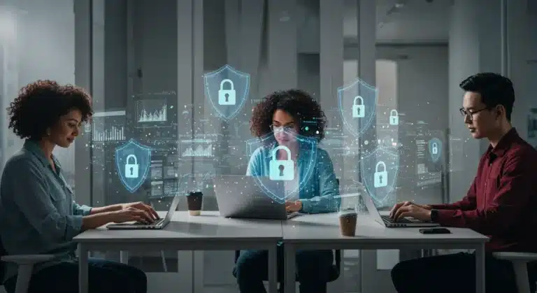 Remote professionals using encrypted productivity tools for secure data management in 2026, highlighting cybersecurity.