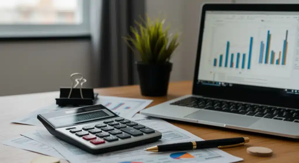 Freelancer analyzing 2026 US tax law changes with calculator and financial documents