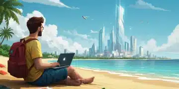 Digital nomad working on laptop with futuristic U.S. cityscape background