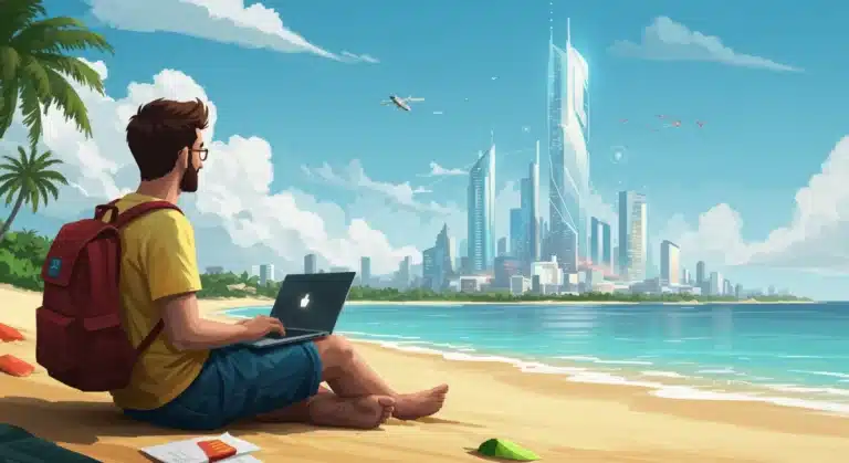 Digital nomad working on laptop with futuristic U.S. cityscape background