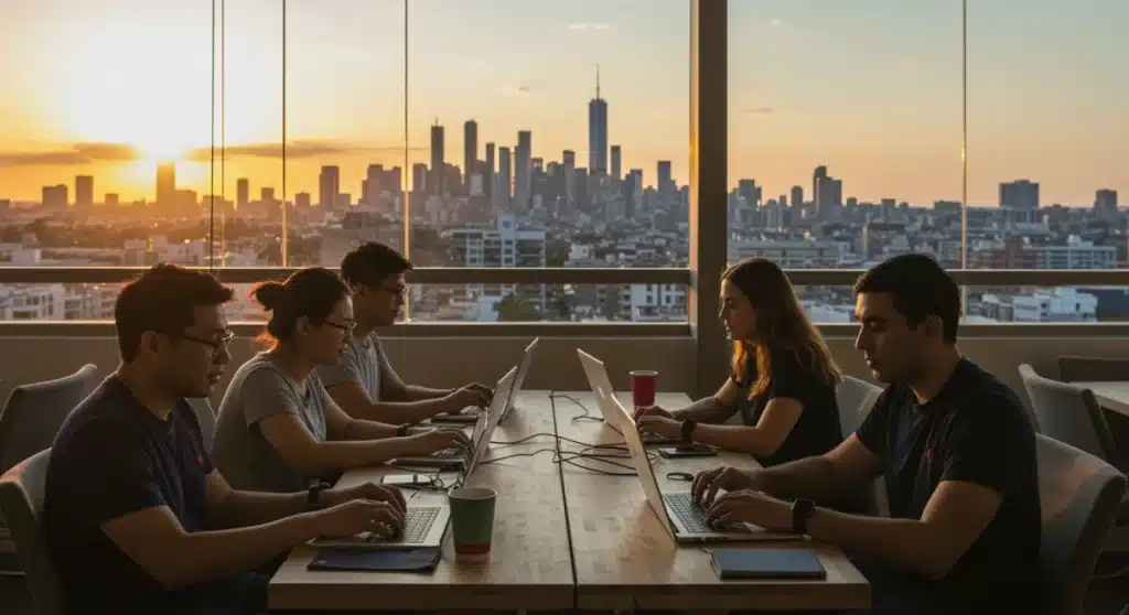 Digital nomads working remotely with laptops in a modern co-working space overlooking a city.