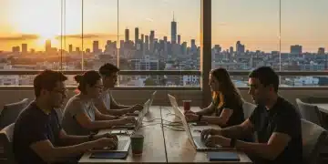 Digital nomads working remotely with laptops in a modern co-working space overlooking a city.
