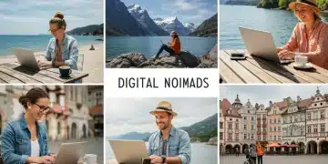 Diverse digital nomads working remotely from scenic global locations
