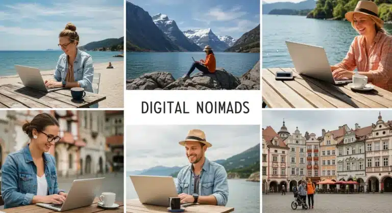 Diverse digital nomads working remotely from scenic global locations