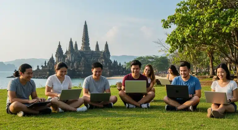 Digital nomads working outdoors in a scenic Southeast Asian location with temple and beach views.