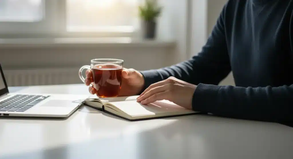 Person focused at desk with laptop and notebook, optimizing energy for productivity