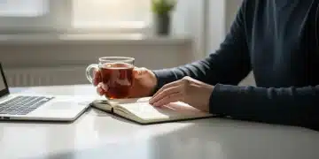 Person focused at desk with laptop and notebook, optimizing energy for productivity