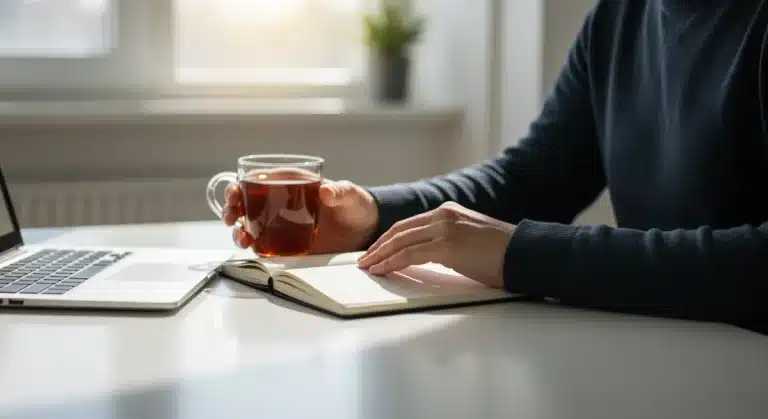 Person focused at desk with laptop and notebook, optimizing energy for productivity