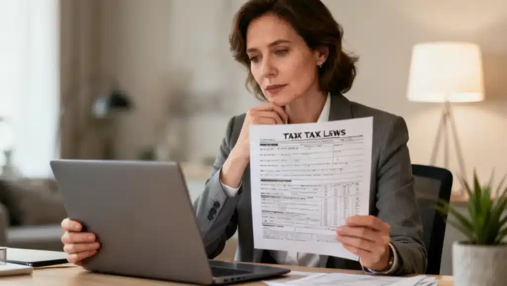 Freelancer reviewing 2026 tax forms for deductions in a home office