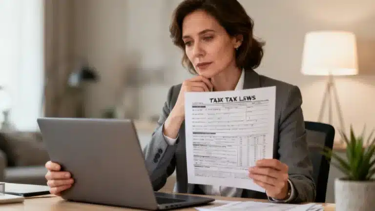 Freelancer reviewing 2026 tax forms for deductions in a home office