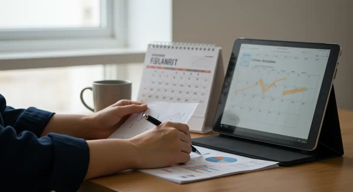 Freelancer meticulously planning long-term financial goals and reviewing statements in a home office.