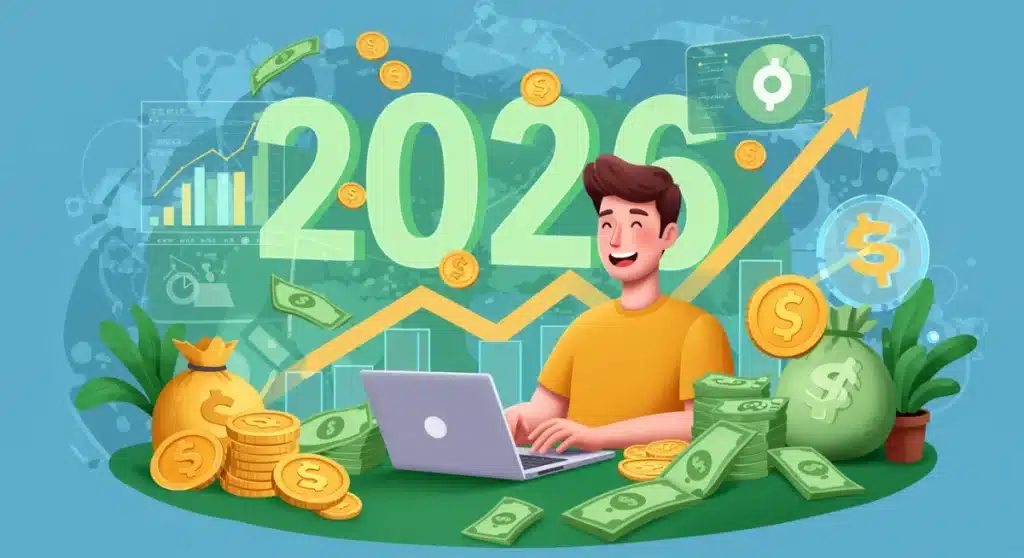 Freelancer confidently managing investments on a laptop, symbolizing financial growth and security in 2026.