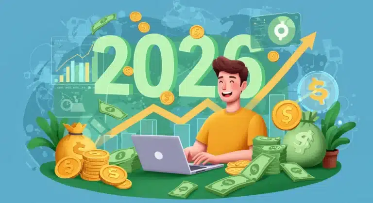 Freelancer confidently managing investments on a laptop, symbolizing financial growth and security in 2026.