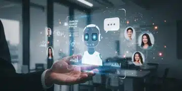 Futuristic AI chatbot interface enhancing customer support in a modern office
