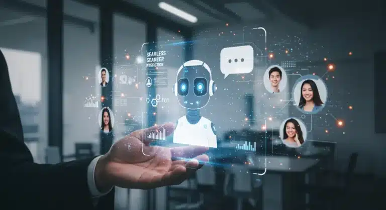 Futuristic AI chatbot interface enhancing customer support in a modern office