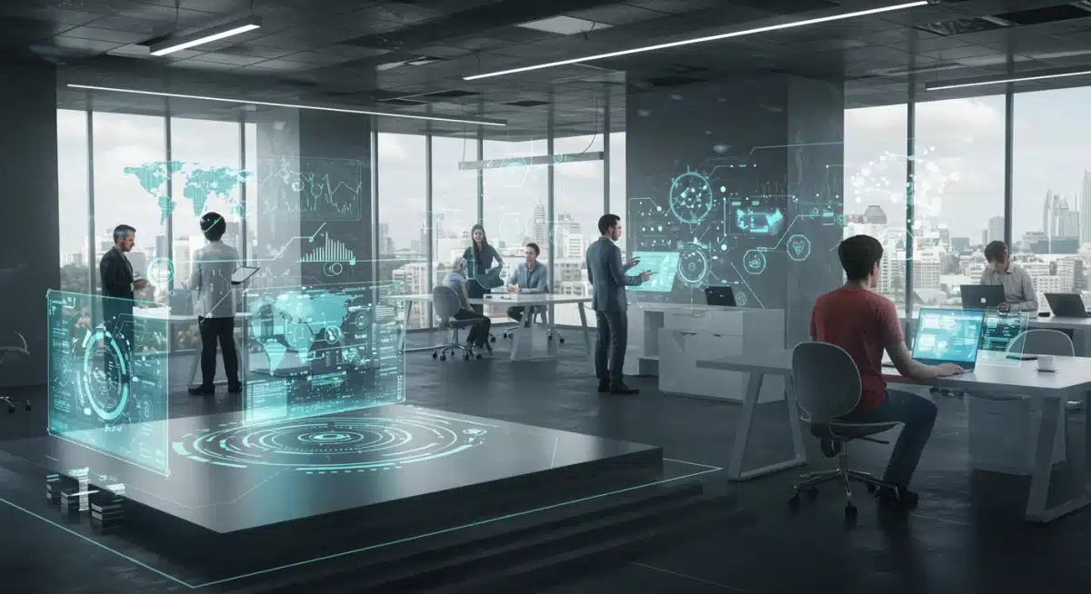 Futuristic co-working space with advanced technology and collaborating digital nomads