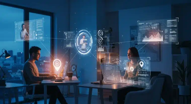 Futuristic remote team collaboration with innovative digital tools