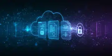 Futuristic secure cloud storage interface with encrypted documents and global network