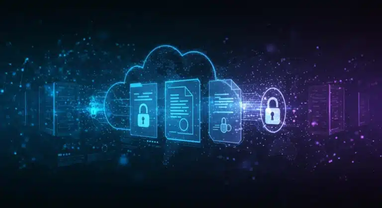 Futuristic secure cloud storage interface with encrypted documents and global network
