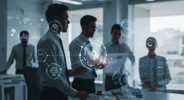 Futuristic digital interface showing streamlined workflows with no-code automation tools for business efficiency.
