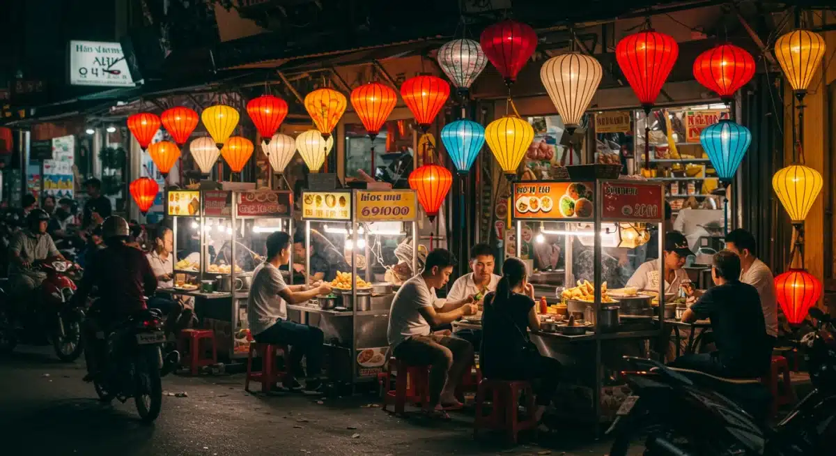 Vibrant street food market in Hanoi, Vietnam, with people enjoying local dishes.