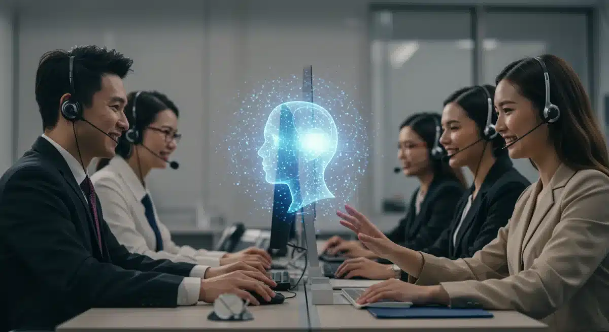 Customer support team collaborating with an AI assistant for enhanced service