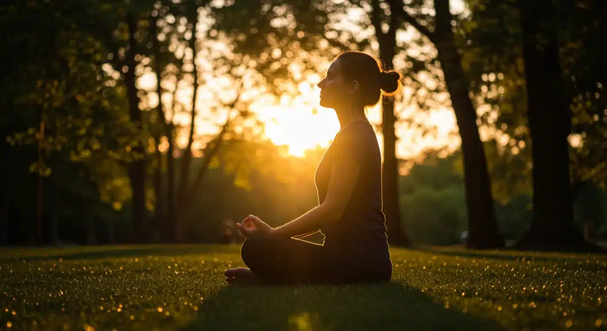 Person meditating outdoors, enhancing mental clarity and reducing stress