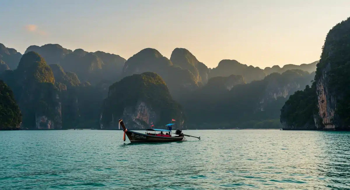 Longtail boat on emerald waters with limestone karsts in Phi Phi Islands, Thailand.