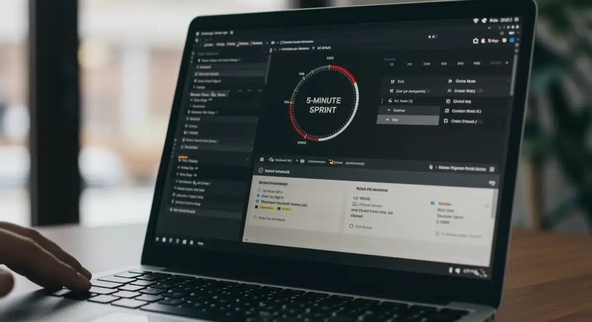 Digital dashboard with project tasks and a 5-minute sprint timer for remote work.