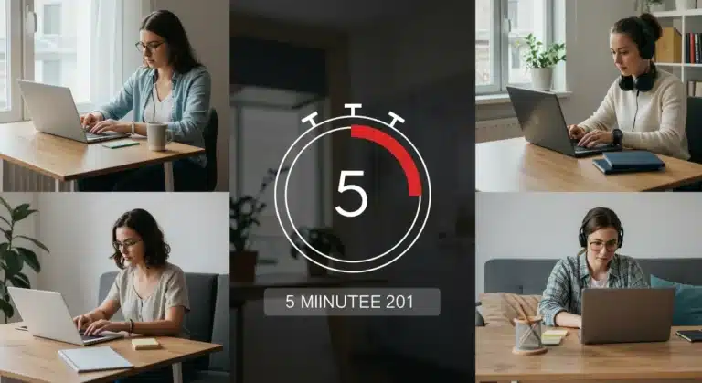 Diverse remote team members focused on tasks using the 5-Minute Rule for productivity.