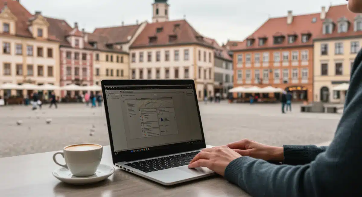 Digital nomad working on laptop at a cafe with a view of a European town.
