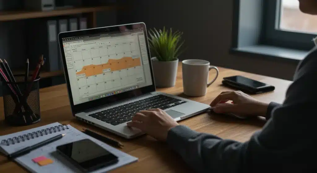 Organized remote work desk with time-blocked calendar for focused productivity