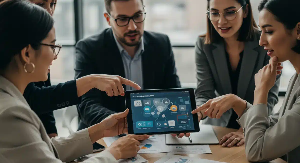 Business professionals collaborating on a no-code automation platform dashboard, discussing workflow rules and integrations.