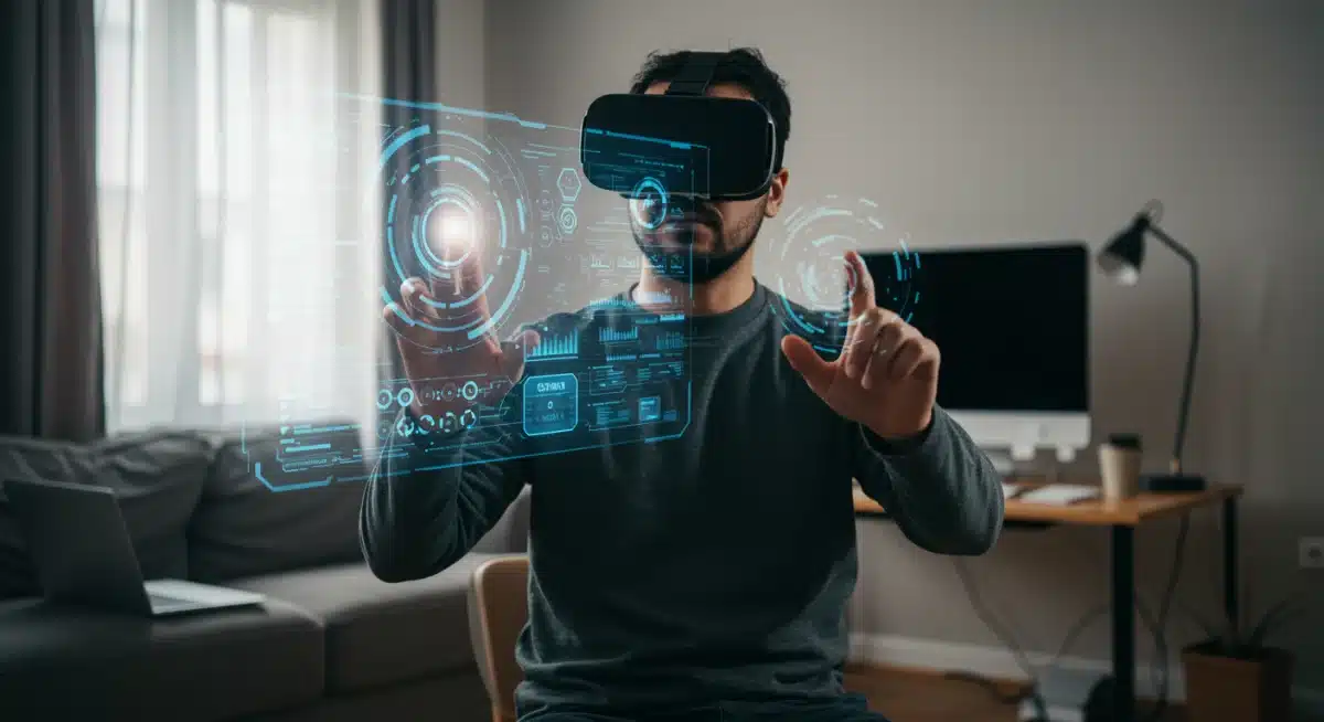 Digital nomad using VR for immersive work experience in a home office